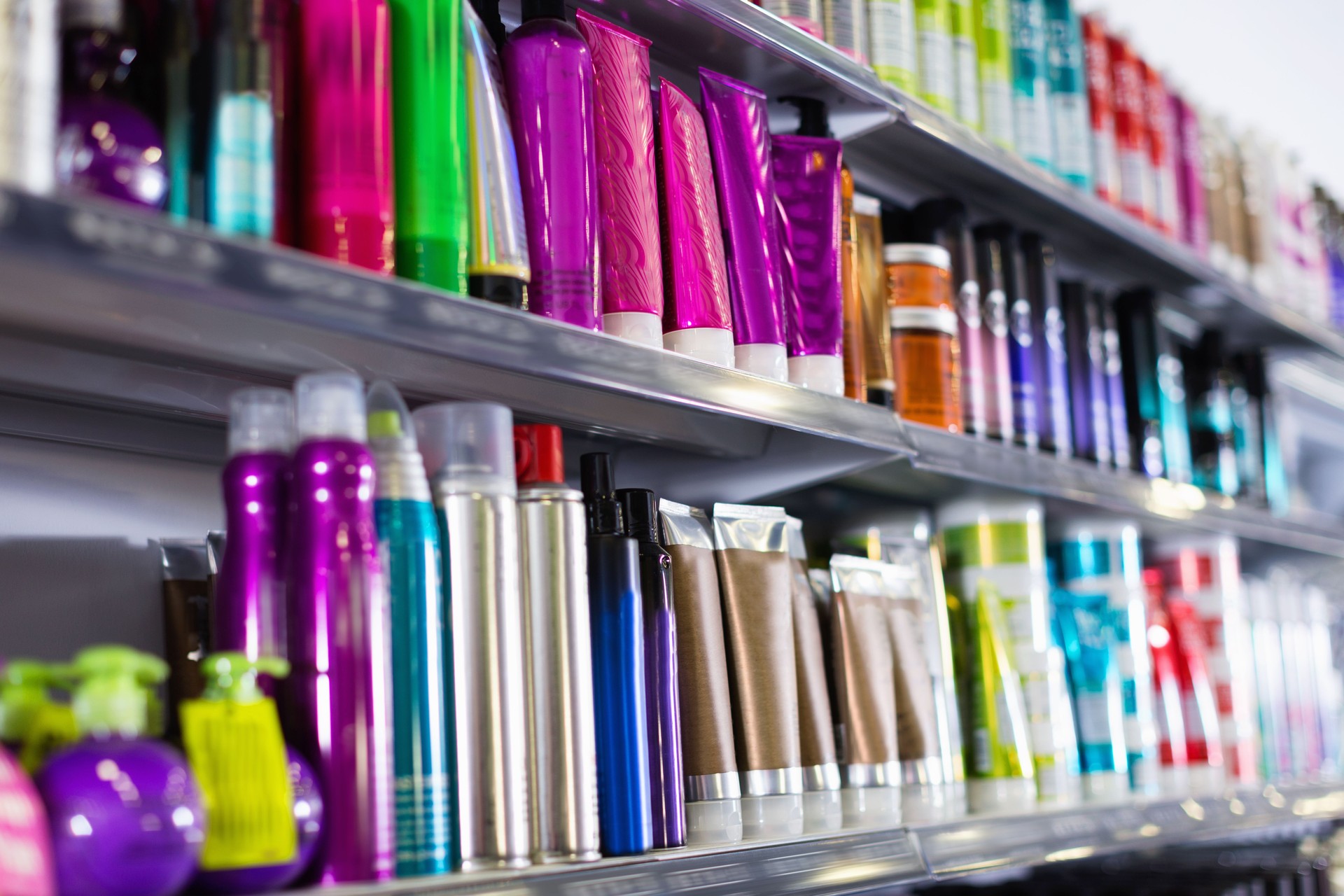 Shelves with hair care products in a cosmetics showroom indoor